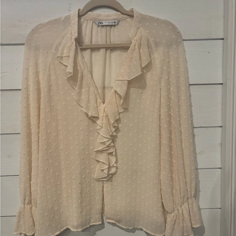 Zara Tan Ruffled 3/4 Sleeve Blouse ins size medium - Picture 6 of 13